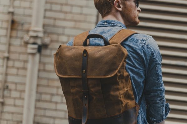Waxed Cotton Canvas and Leather Backpack Rucksack - Menswear Denim Rugged Style Outfit - The Kingston in Sandstone by Oldfield