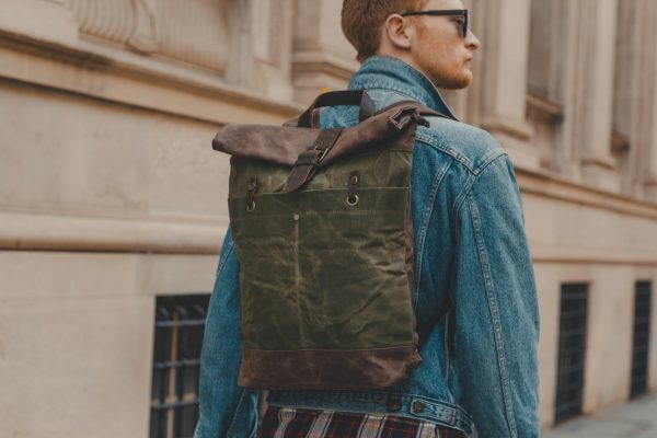 Waxed Cotton Canvas and Leather Backpack Rucksack - Menswear Denim Rugged Style Outfit - The Farnborough in Moss by Oldfield