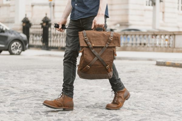 Waxed Canvas Backpack & Leather Roll Top Rucksack - Commuter Laptop Backpack = Menswear Denim Rugged Outfit Style - The Harlington in Sandstone by Oldfield