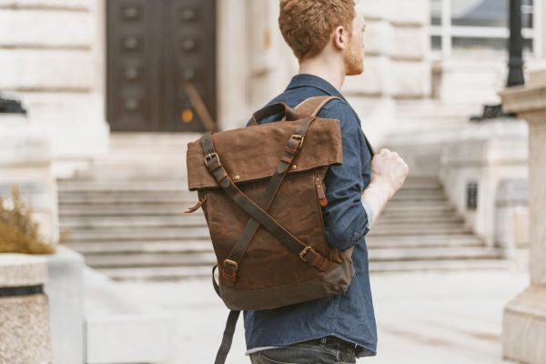 Waxed Canvas Backpack & Leather Roll Top Rucksack - Commuter Laptop Backpack = Menswear Denim Rugged Outfit Style - The Harlington in Sandstone by Oldfield