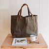 Waxed Cotton Canvas and Leather Tote Bag - Rugged Weatherproof Shoulder Hand Bag Tote - The Brierley Tote in Moss Green by Oldfield