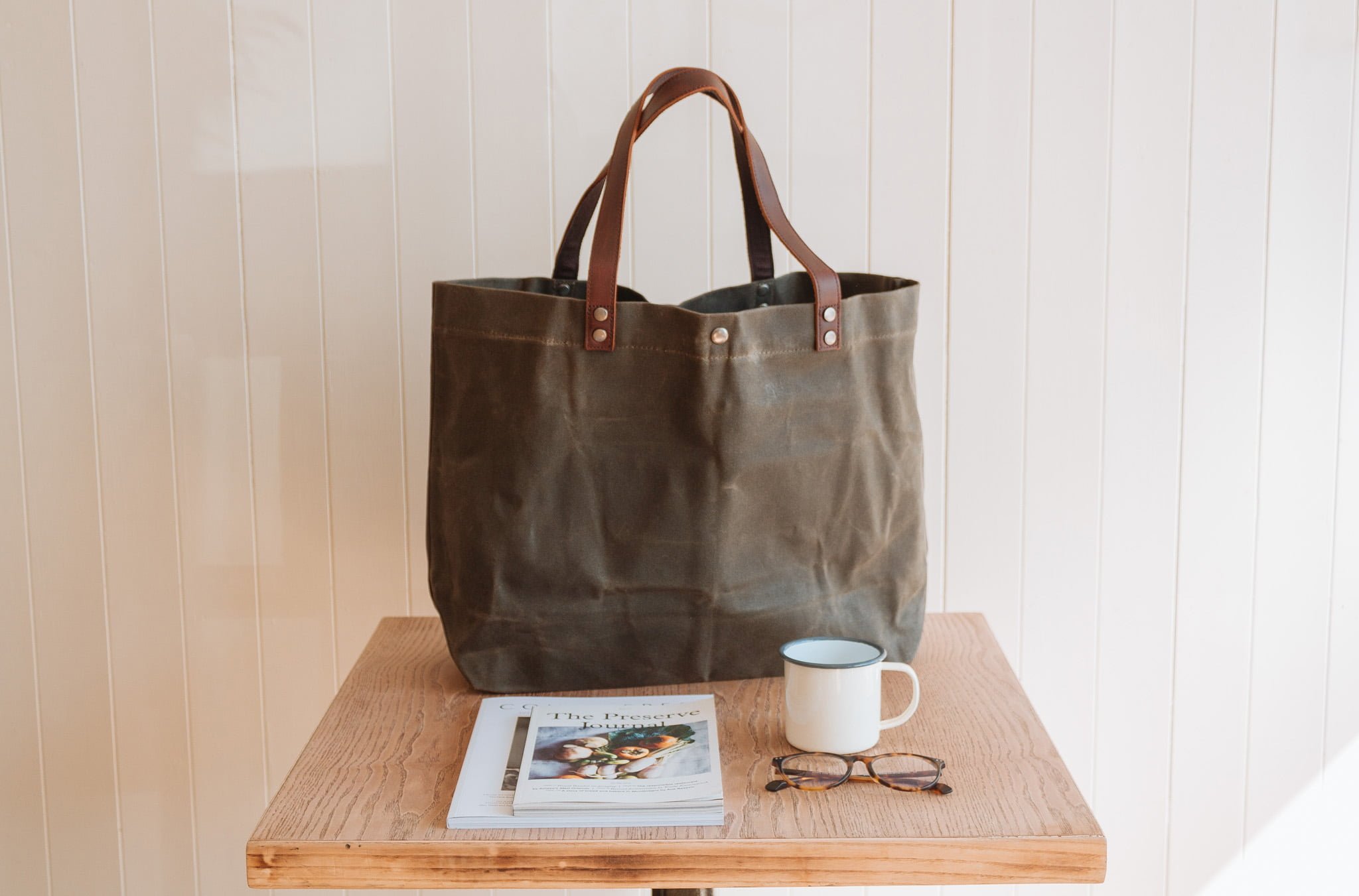 Waxed Cotton Canvas and Leather Tote Bag - Rugged Weatherproof Shoulder Hand Bag Tote - The Brierley Tote in Moss Green by Oldfield