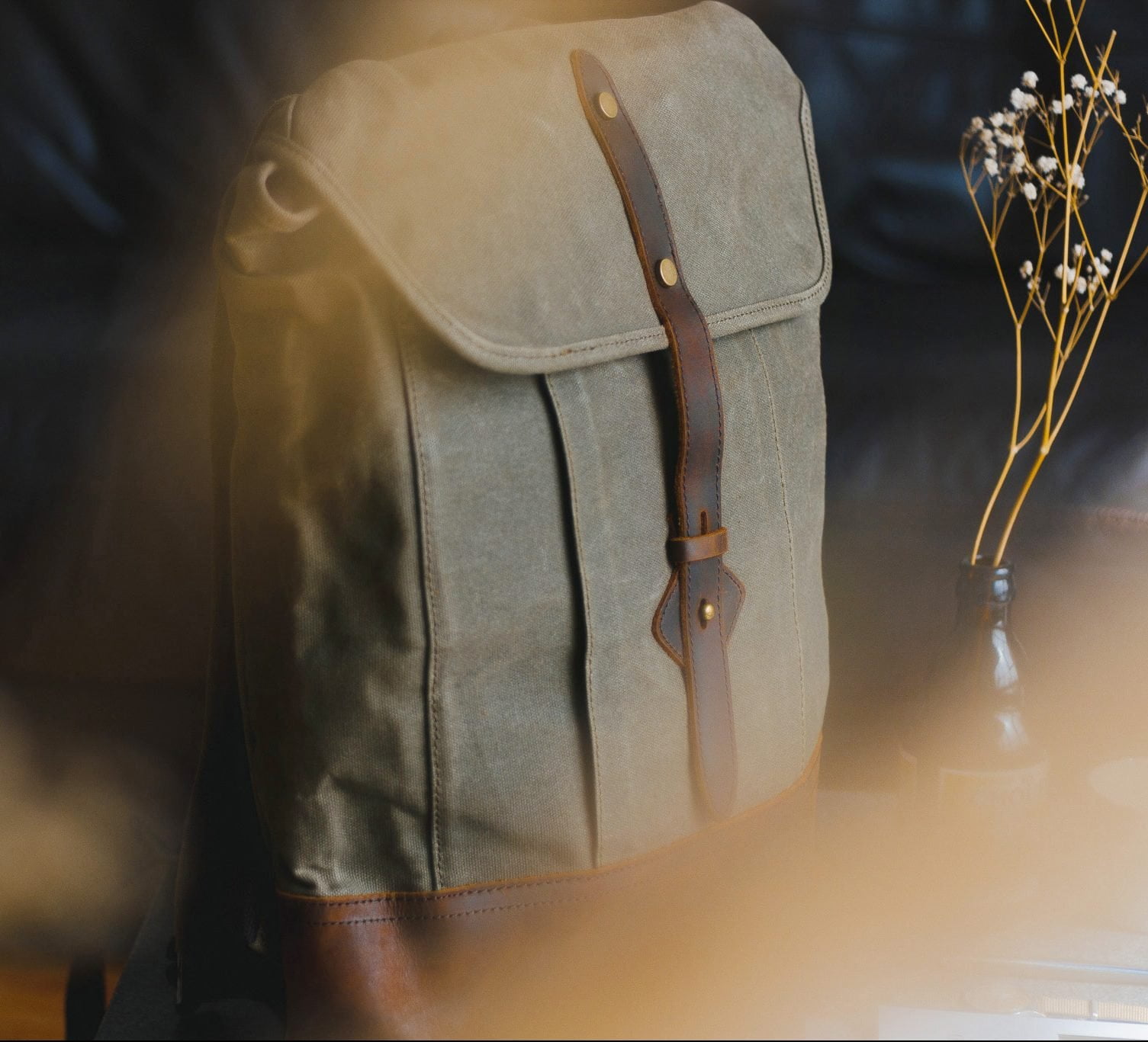 Waxed Cotton Canvas and Leather Backpack Rucksack - Menswear Denim Rugged Style Flatlay - The Kingston in Moss by Oldfield