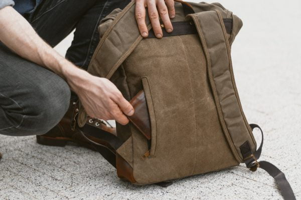 Waxed Canvas Backpack & Leather Rucksack - Weatherproof Commuter Laptop Backpack - Menswear Denim Rugged Style Flatlay - The Kingston in Moss by Oldfield