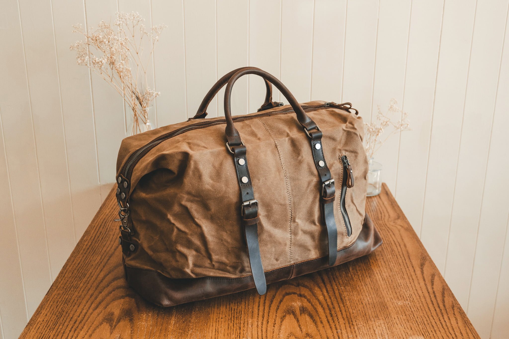 Waxed Canvas Weekender Bag & Leather Duffle Bag - Menswear Denim Rugged Style Flatlay - The Ashdown by Oldfield