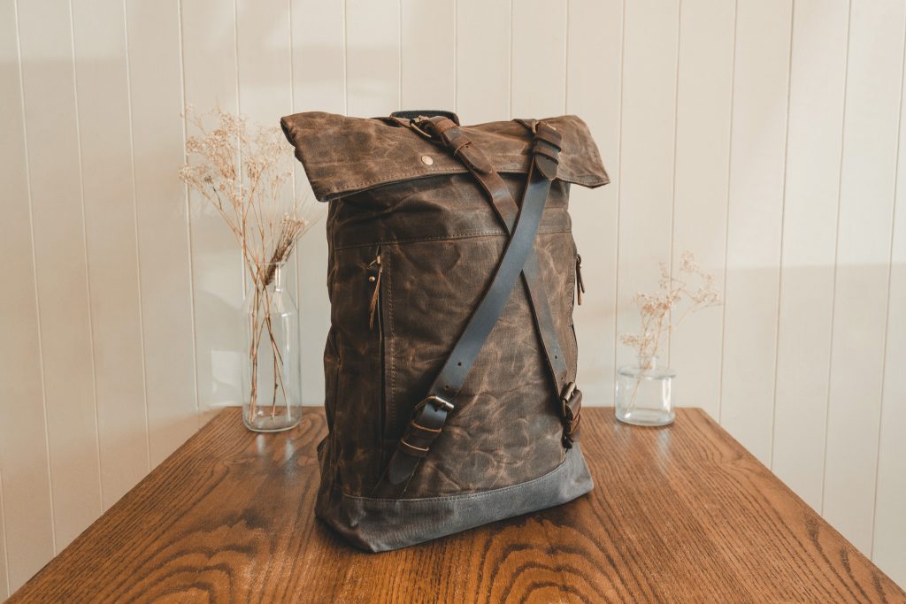 Waxed Cotton Canvas and Leather Backpack Rucksack - Menswear Denim Rugged Style Flatlay - The Harlington in Sandstone by Oldfield