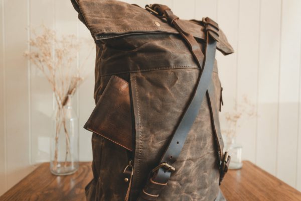 Waxed Canvas Backpack & Leather Roll Top Rucksack - Menswear Denim Rugged Style Flatlay - The Harlington in Sandstone by Oldfield
