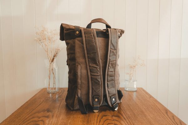Waxed Canvas Backpack & Leather Roll Top Rucksack - Commuter Laptop Backpack = Menswear Denim Rugged Style Flatlay - The Harlington in Sandstone by Oldfield