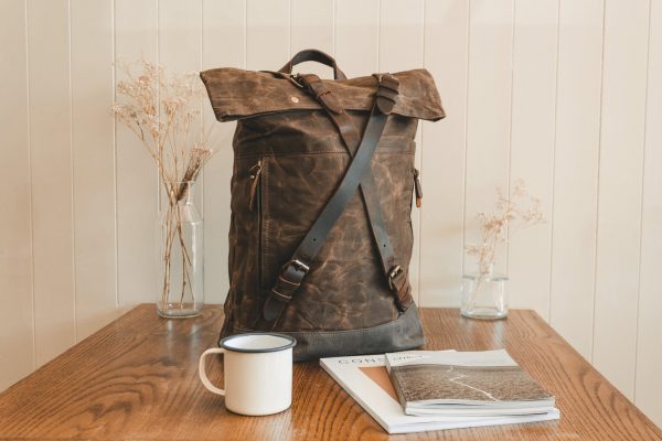 Waxed Canvas Backpack & Leather Roll Top Rucksack - Commuter Laptop Backpack = Menswear Denim Rugged Style Flatlay - The Harlington in Sandstone by Oldfield