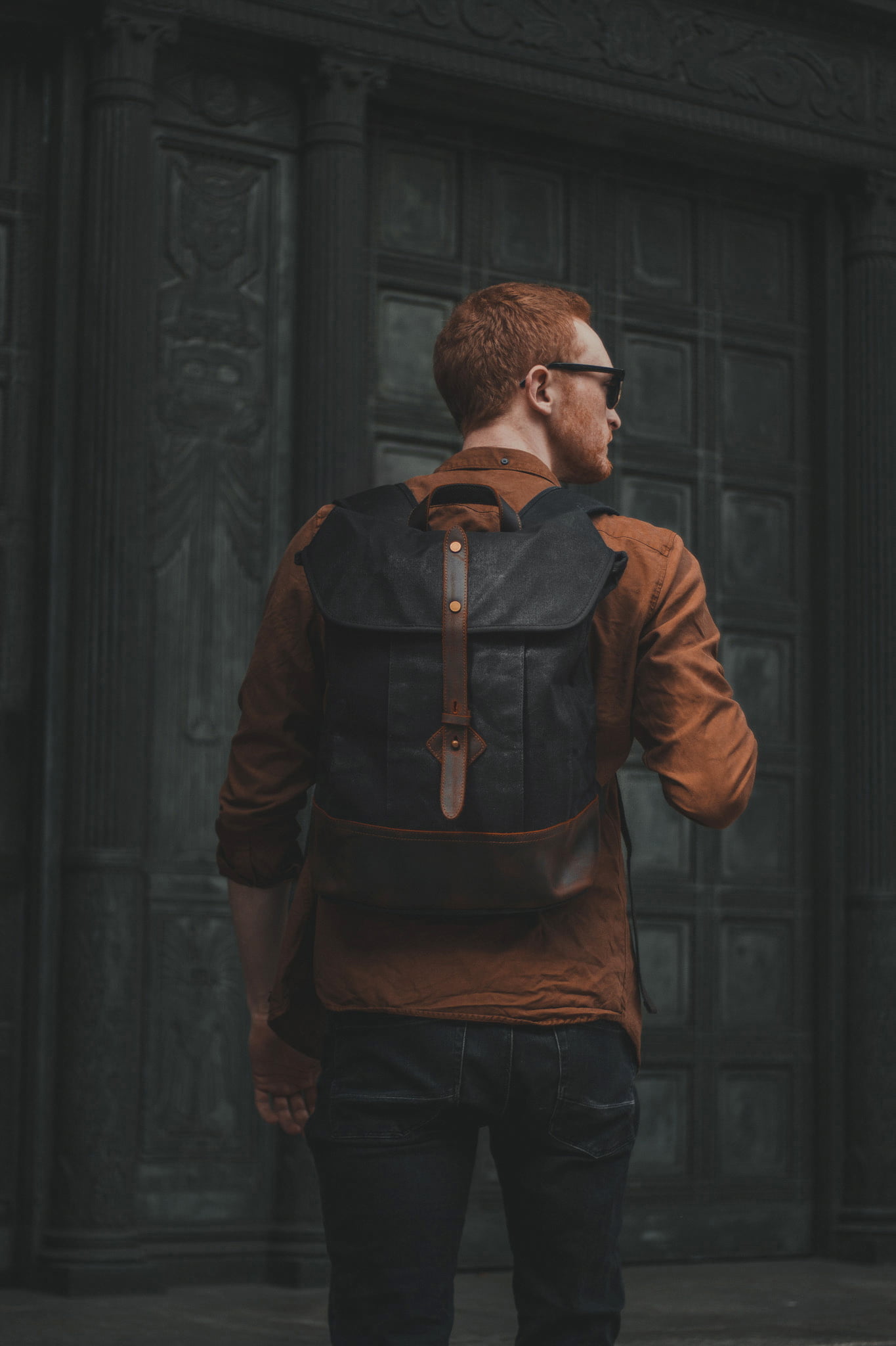 Waxed Canvas Backpack & Leather Rolltop Rucksack - Commuter Laptop Backpack - Menswear Denim Rugged Style Outfit - The Kingston Backpack in Graphite by Oldfield
