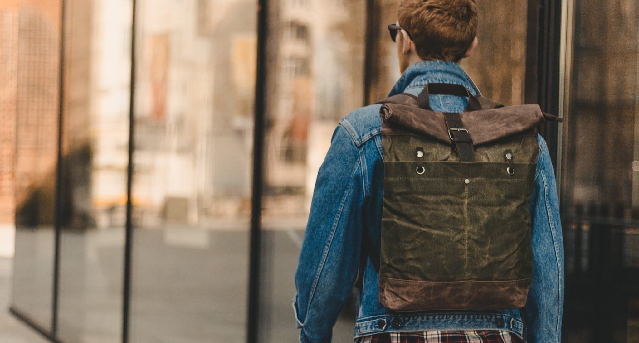 Waxed Canvas Backpack & Leather Rolltop Rucksack - Commuter Laptop Backpack - Menswear Denim Rugged Style Outfit - The Farnborough in Moss by Oldfield