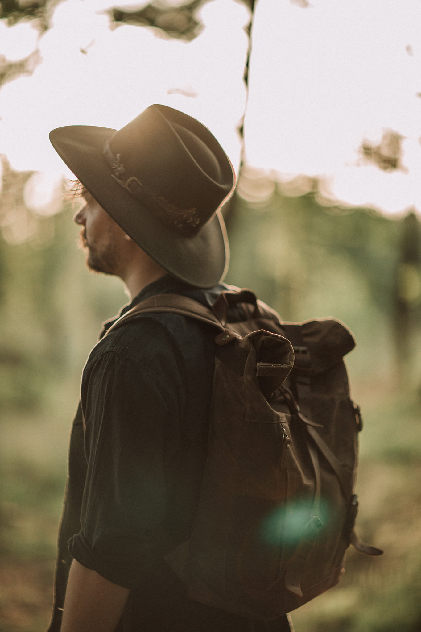 Waxed Cotton Canvas and Leather Backpack Rucksack - Menswear Denim Rugged Style Outfit Royden Park, Wirral, Merseyside - The Harlington in Sandstone by Oldfield - Photo by Samuel Mills
