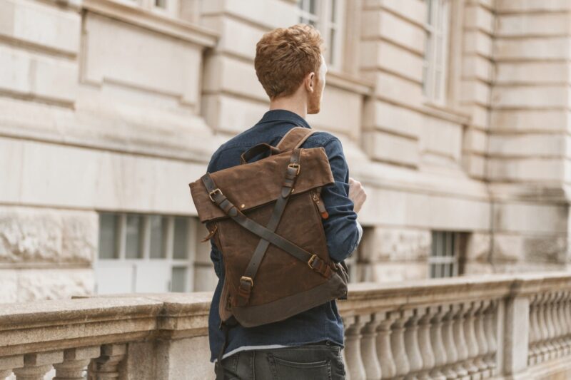 Waxed Canvas Backpack & Leather Roll Top Rucksack - Commuter Laptop Backpack = Menswear Denim Rugged Outfit Style - The Harlington in Sandstone by Oldfield