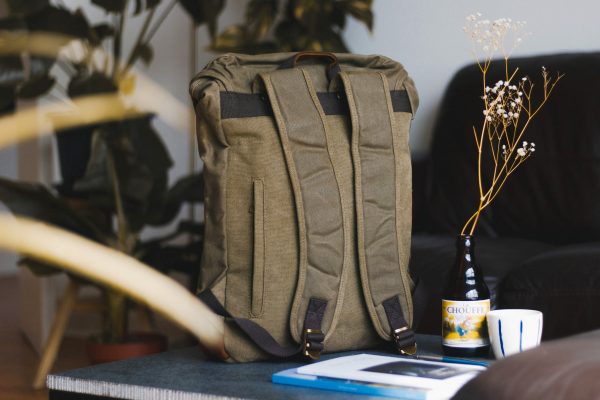 Waxed Cotton Canvas and Leather Backpack Rucksack - Menswear Denim Rugged Style Flatlay - The Kingston in Moss by Oldfield