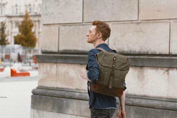 Waxed Cotton Canvas and Leather Backpack Rucksack - Menswear Outfit Denim Leather Boots Heritage Rugged Style - The Kingston in Moss by Oldfield