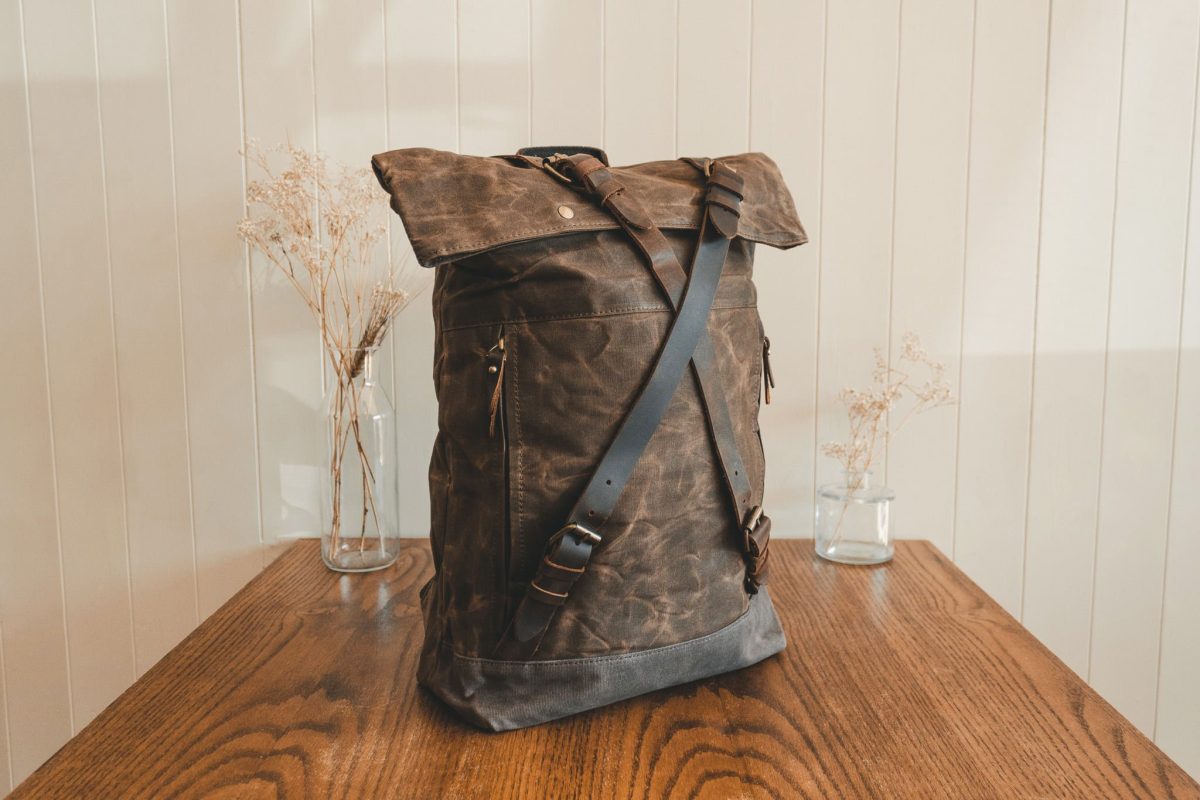 Waxed Canvas Backpack & Leather Roll Top Rucksack - Commuter Laptop Backpack = Menswear Denim Rugged Style Flatlay - The Harlington in Sandstone by Oldfield